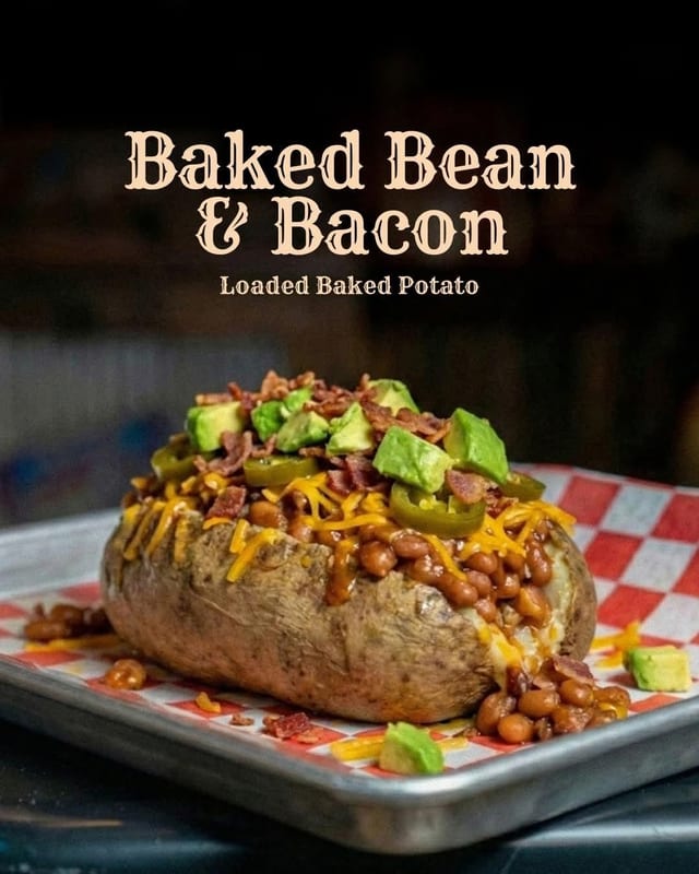 Baked Bean & Bacon Stuffed potato.
